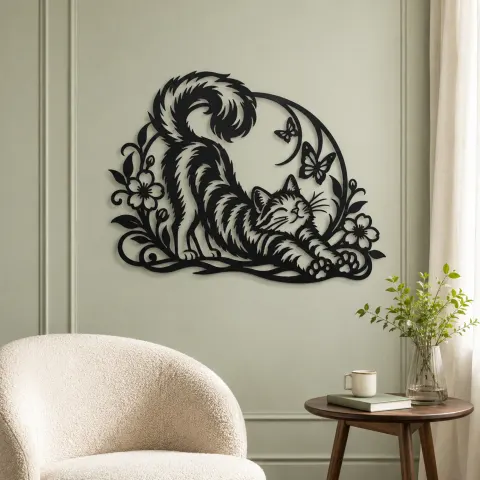Vue alternative de Cat Stretch Flow Metal Wall Art | Pet Lover Silhouette Decor