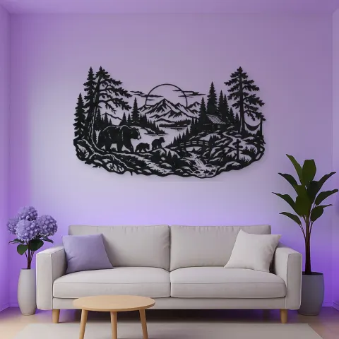 Vue alternative de Bear Forest Trail Metal Wall Art | Wildlife Silhouette Decor
