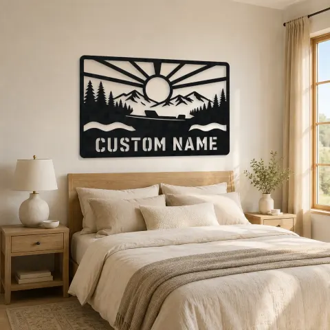 Vue alternative de Décoration murale en métal personnalisée de bateau à moteur avec lac de montagne