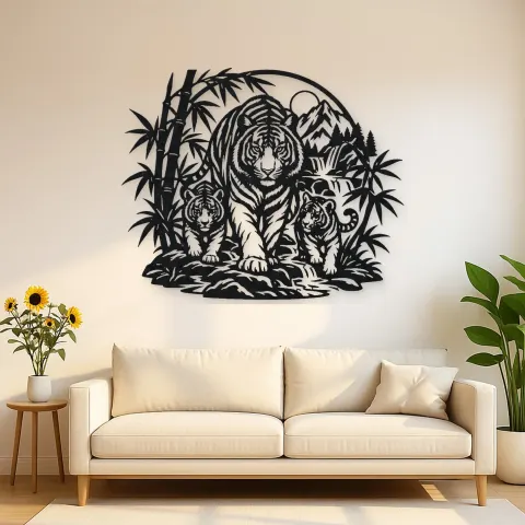 Tiger Bamboo Flow Metal Wall Art | Wildlife Silhouette Decor