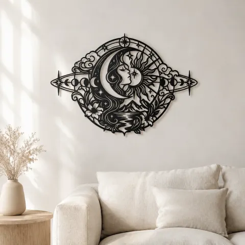 Celestial Crescent Face Metal Wall Art | Minimalist Woman Line Art
