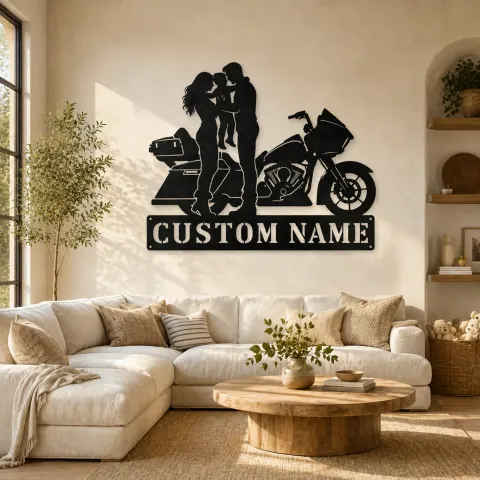 Décoration murale en métal personnalisée pour famille de trois avec moto de tourisme