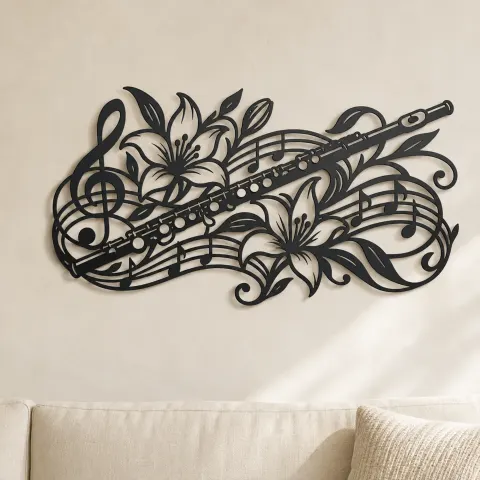 Flute Botanical Line Metal Wall Art | Music Room Wall Decor