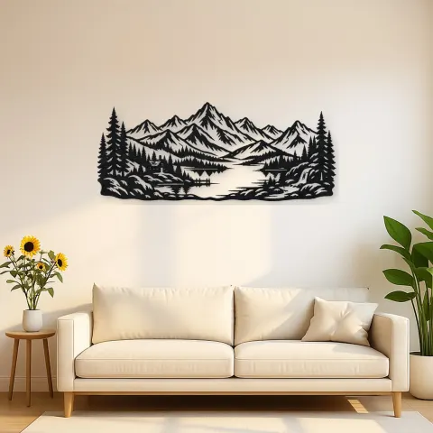 Highland Lake View Metal Wall Art | Nature Silhouette Decor