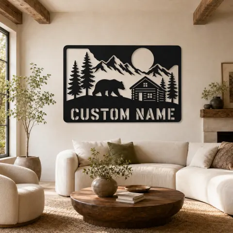 Décoration murale en métal personnalisée Ours et Cabane en Bois