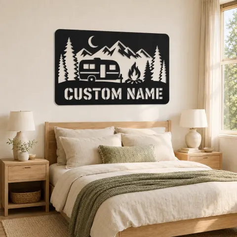 Vue alternative de Décoration murale en métal personnalisée Camping-Car avec Feu de Camp