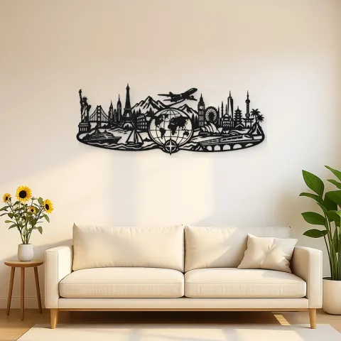 World Map Travel Line Metal Wall Art | Travel and City Wall Decor