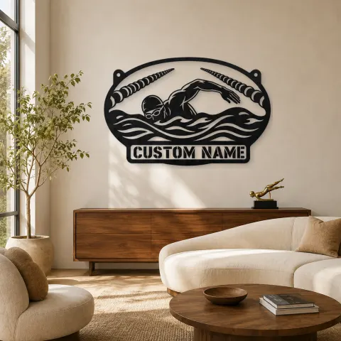 Décoration murale en métal personnalisée nageuse en style libre avec couloirs de piscine