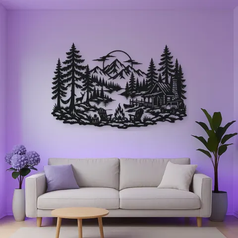 Vue alternative de Campfire in the Pines Metal Wall Art | Nature Silhouette Decor