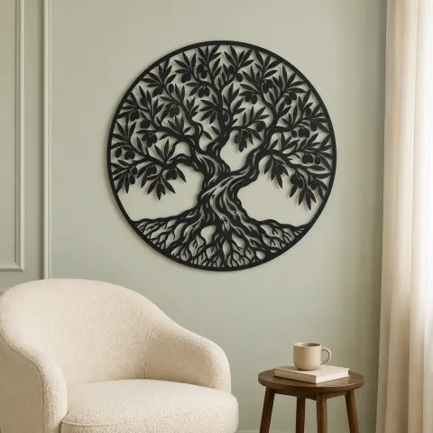 Vue alternative de Olive Tree Circle Metal Wall Art | Botanical Metal Wall Decor