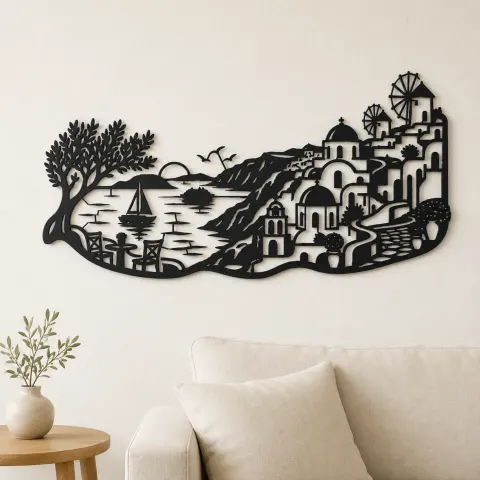 Santorini Coastal Line Metal Wall Art | Travel and City Wall Decor