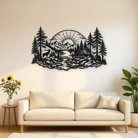 Forest Sun Arc Metal Wall Art | Nature Silhouette Decor