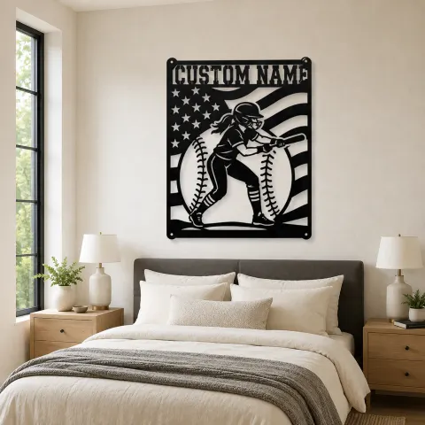 Vue alternative de Décoration murale en métal personnalisée - Batteuse de softball féminine avec drapeau vertical