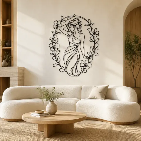 Décoration murale en métal Muse dans Cadre Floral | Décor mural Femme Botanique