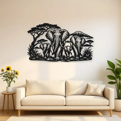 Elephant Family Walk Metal Wall Art | Wildlife Silhouette Decor