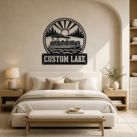 Vue alternative de Décoration murale en métal personnalisée de bateau ponton avec lac de montagne