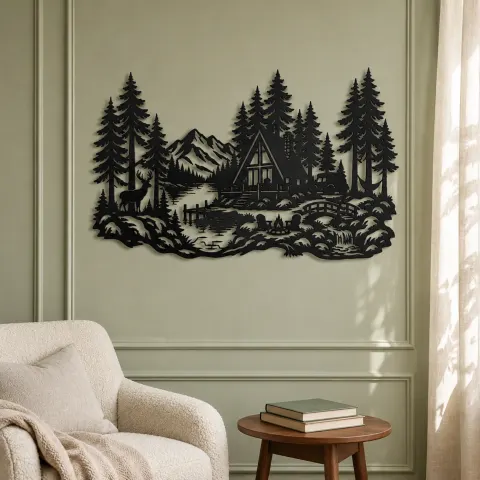 Vue alternative de A-Frame Cabin Woods Metal Wall Art | Nature Silhouette Decor