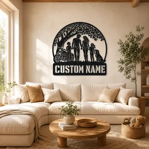 Décoration murale en métal personnalisée pour une famille de quatre avec chien et moto