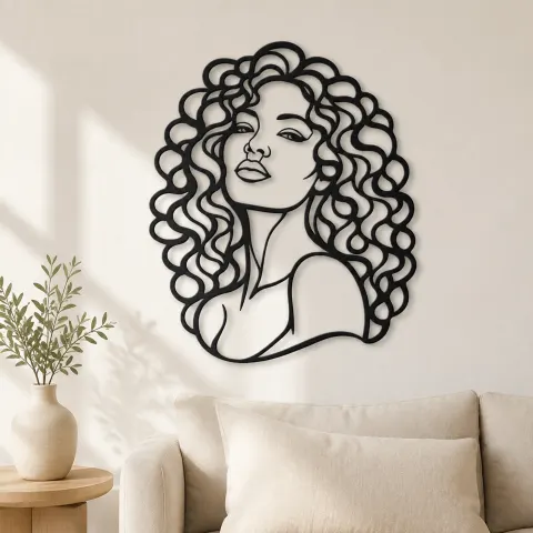 Curly Hair Portrait Metal Wall Art | Minimalist Woman Line Art