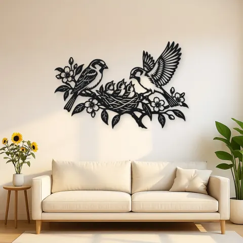 Sparrow Family Metal Wall Art | Wildlife Silhouette Decor