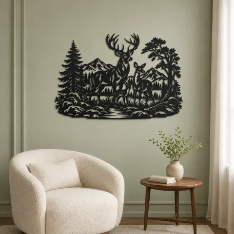 Vue alternative de Deer Forest Profile Metal Wall Art | Wildlife Silhouette Decor