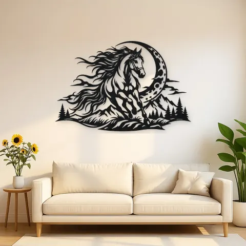 Horse and Moon Arc Metal Wall Art | Equestrian Wall Decor