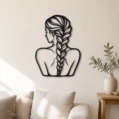 Braided Hair Muse Metal Wall Art | Minimalist Woman Line Art