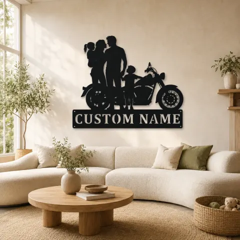 Décoration murale en métal personnalisée pour famille avec enfant en bas âge et moto classique