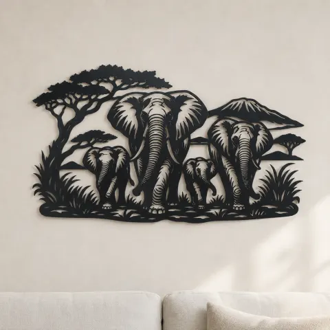 Elephant Family Walk Metal Wall Art | Wildlife Silhouette Decor