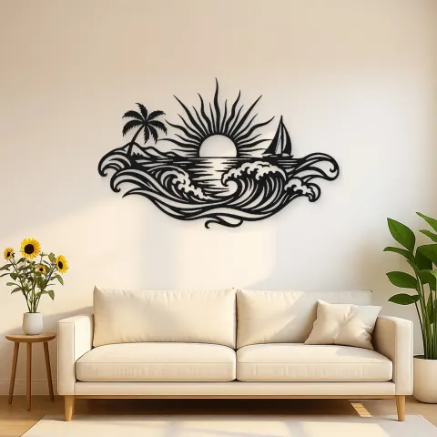 Rising Sun over Waves Metal Wall Art | Celestial Boho Wall Decor