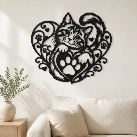 Cat Paw Heart Metal Wall Art | Pet Lover Silhouette Decor