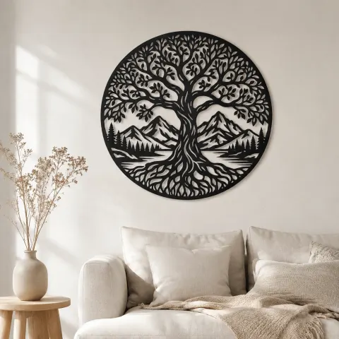 Tree and Mountain Circle Metal Wall Art | Botanical Metal Wall Decor