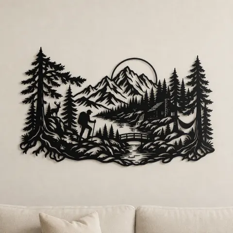 Hiker in the Woods Metal Wall Art | Nature Silhouette Decor