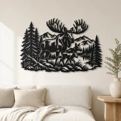 Moose Pine Forest Metal Wall Art | Wildlife Silhouette Decor