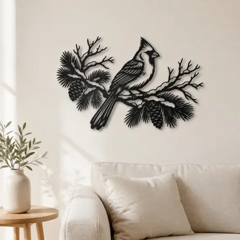 Cardinal Winter Branch Metal Wall Art | Wildlife Silhouette Decor