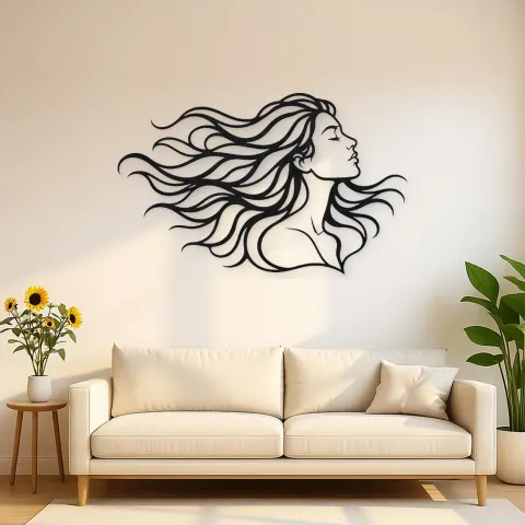 Windblown Hair Face Metal Wall Art | Minimalist Woman Line Art