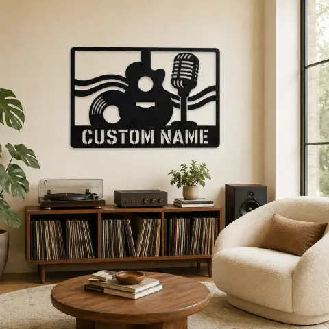 Décoration murale en métal personnalisée Disque vinyle avec microphone vintage