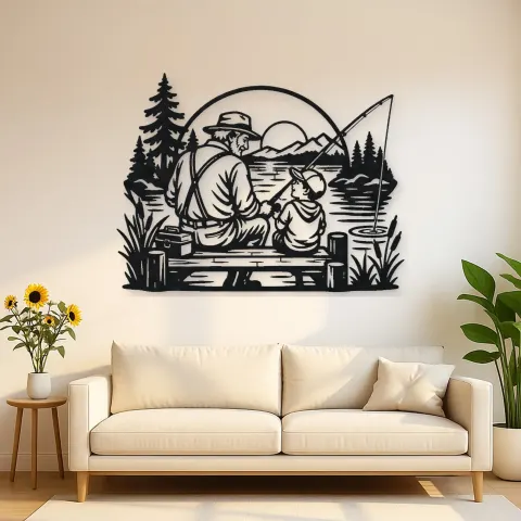 Grandfather Grandson Fishing Metal Wall Art | Family Silhouette Decor
