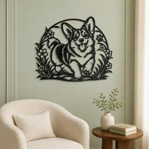 Vue alternative de Corgi Happy Curve Metal Wall Art | Pet Lover Silhouette Decor