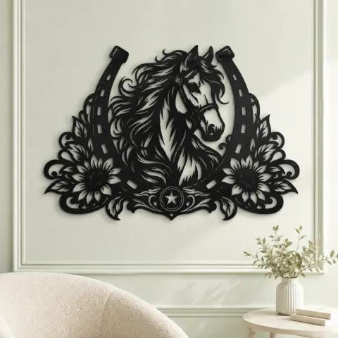 Vue alternative de Horse Shoe Floral Metal Wall Art | Equestrian Wall Decor