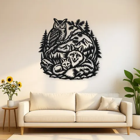 Owl and Fox Forest Metal Wall Art | Wildlife Silhouette Decor