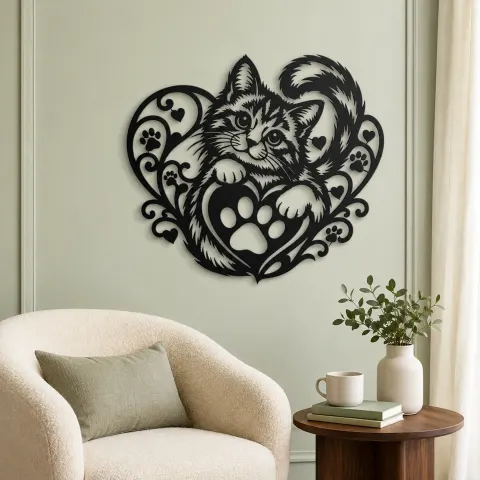 Vue alternative de Cat Paw Heart Metal Wall Art | Pet Lover Silhouette Decor