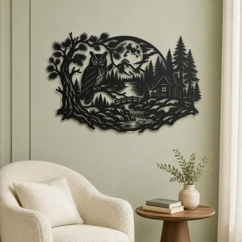 Vue alternative de Owl Woodland Night Metal Wall Art | Wildlife Silhouette Decor