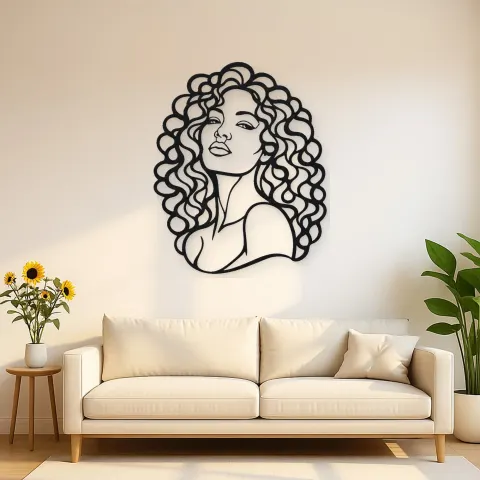 Curly Hair Portrait Metal Wall Art | Minimalist Woman Line Art