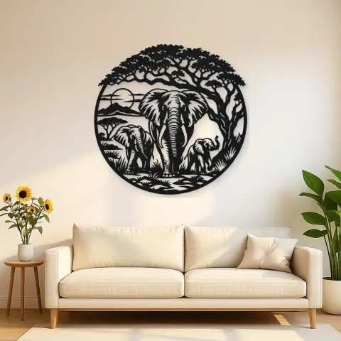Elephant Tree Circle Metal Wall Art | Wildlife Silhouette Decor