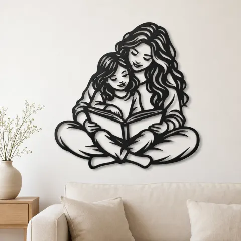 Parent Child Reading Metal Wall Art | Family Silhouette Decor