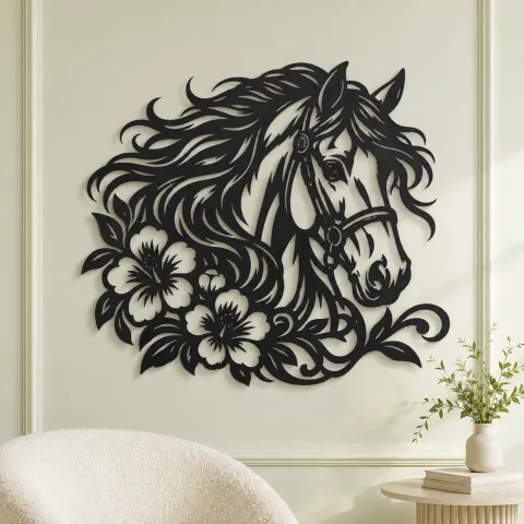 Vue alternative de Horse Head Floral Metal Wall Art | Equestrian Wall Decor