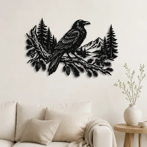 Raven Forest Branch Metal Wall Art | Wildlife Silhouette Decor