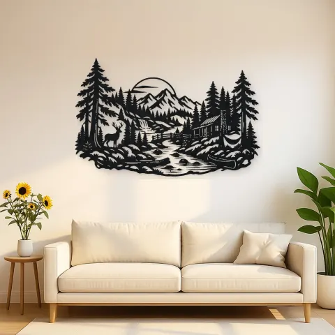 River through the Forest Metal Wall Art | Nature Silhouette Decor