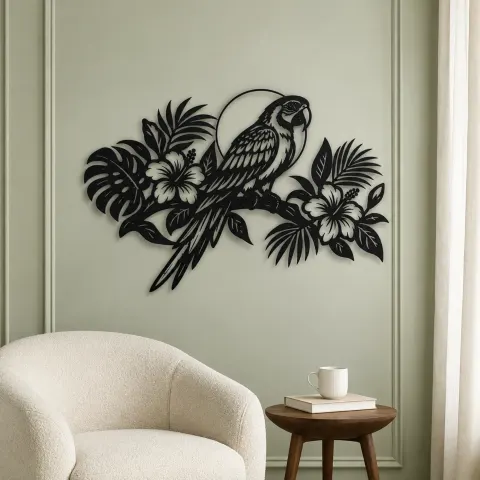 Vue alternative de Parrot Tropical Branch Metal Wall Art | Wildlife Silhouette Decor